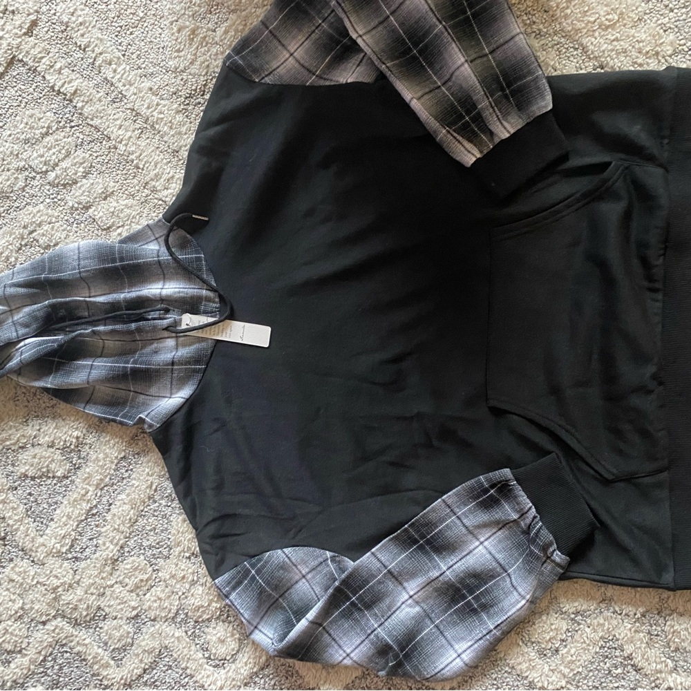 Women Spliced Plaid Drawstring Hoodie Long Sleeve